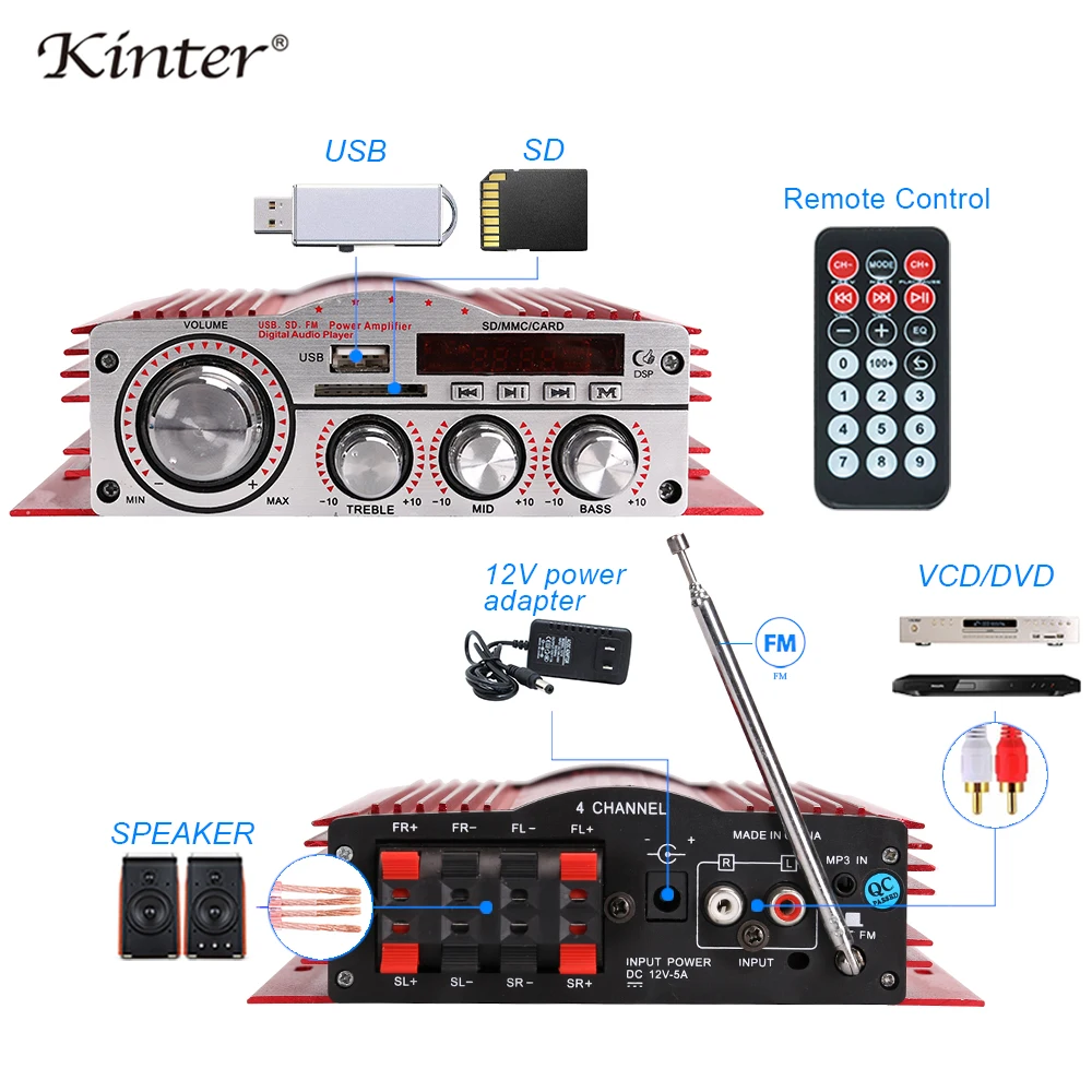 

kinter MA-900 Audio amplifier 4.0CH DC12V 30W support USB SD FM MP3 mini red aluminum enclosure use in home car motorcycle