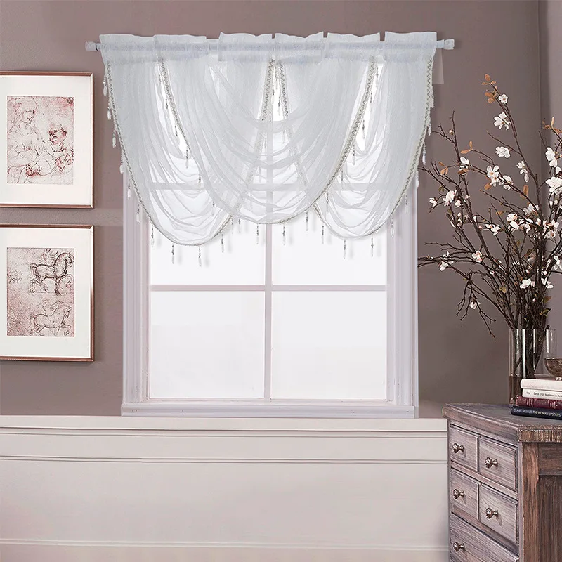 

American Pelmet White Waterfall Valance Silver Wire Thin Tulle Coffee Short Curtains Drape Kitchen Curtain Vintage Window