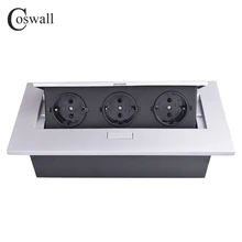COSWALL пластина из цинкового сплава 16А медленная всплывающая 3 мощная розетка европейского стандарта, Офисная розетка для конференц-зала, стол, черный модуль, прямая стальная коробка