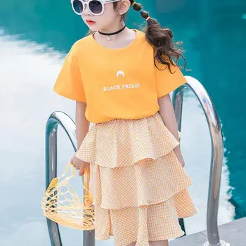 

2020 Kids Girls Clothes Set Costume For Girls Teenage Kids Girls Summer Clothing Sets T-shirts + Plaid Skirts 8 10 12 13 14 Year
