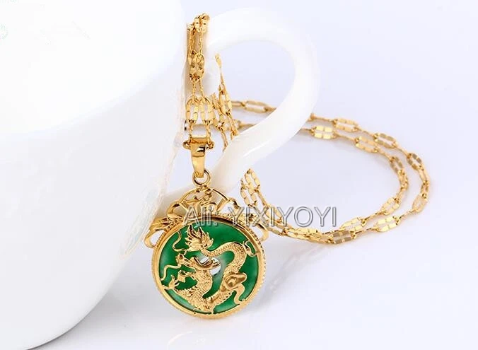 Красивый природный зеленый Jade инкрустация золотой китайский дракон амулет