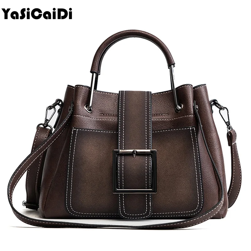 

YASICAIDI Leather Women Handbag Scurb Leather Women Shoulder Bags Metal Handle Casual Tote Bag Wide Strap Top -Handle Handbags