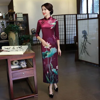 

2019 Spring Long Cheongsam Novelty Chinese style Dress Womens Velour Qipao Slim Party Dresses Lady Button Vestido Size S-XXXL