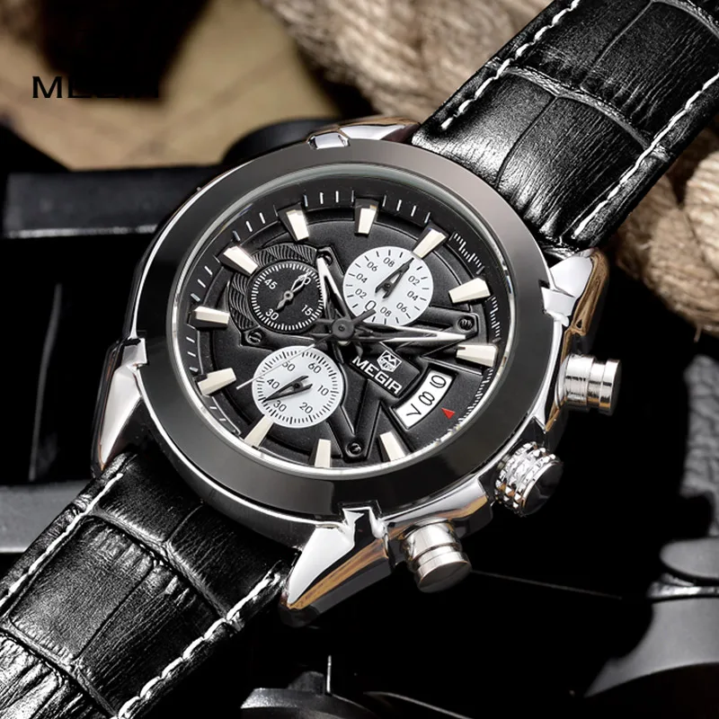 Часы Megir мужские наручные кварцевые с хронографом кожаным ремешком 2020|clock brand|clock