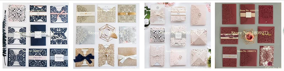 Ivory Lace Laser Cut Wedding Invitations With rose gold gillter ribbon/backgroud Rectangle Wedding Die Cut Laser Cut Traditional