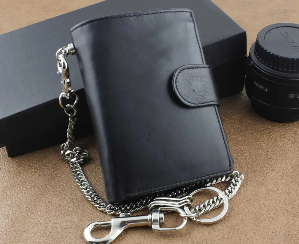 

Men's Real Leather Biker Trucker Rock Money Coins Short Chain Wallet Purse Black