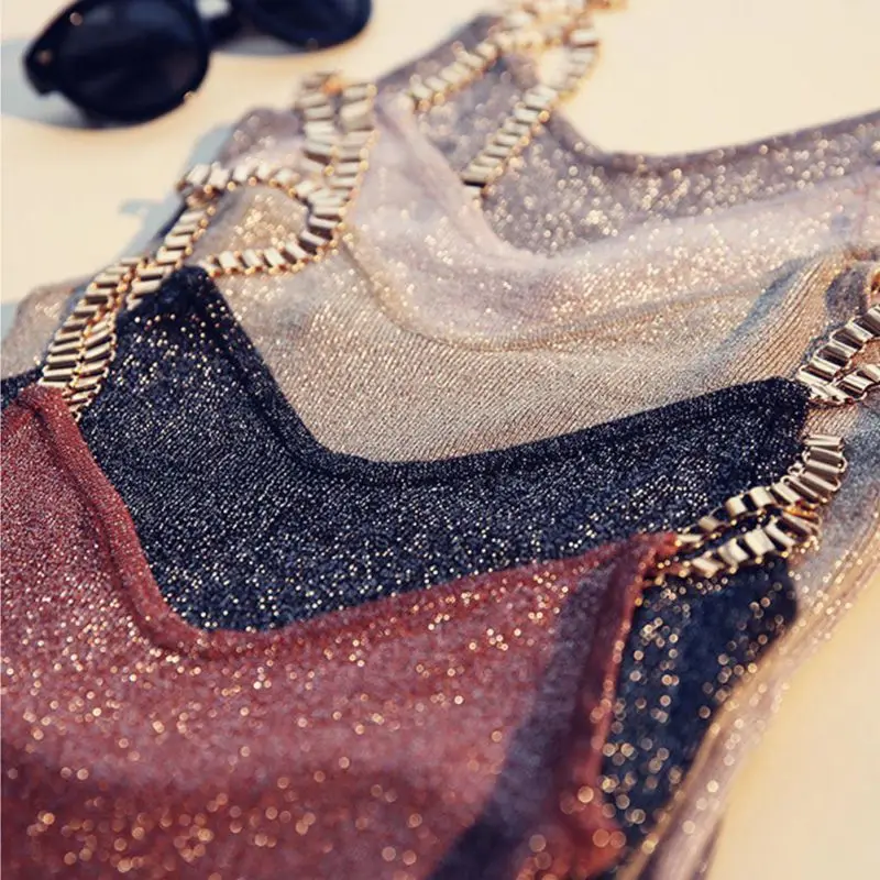 

ETOSELL Women Slim Glitter Tanks Sexy Female V-Neck Knitted Camisole Sleeveless Bling Club party Bodycon Vests Spaghetti Tops