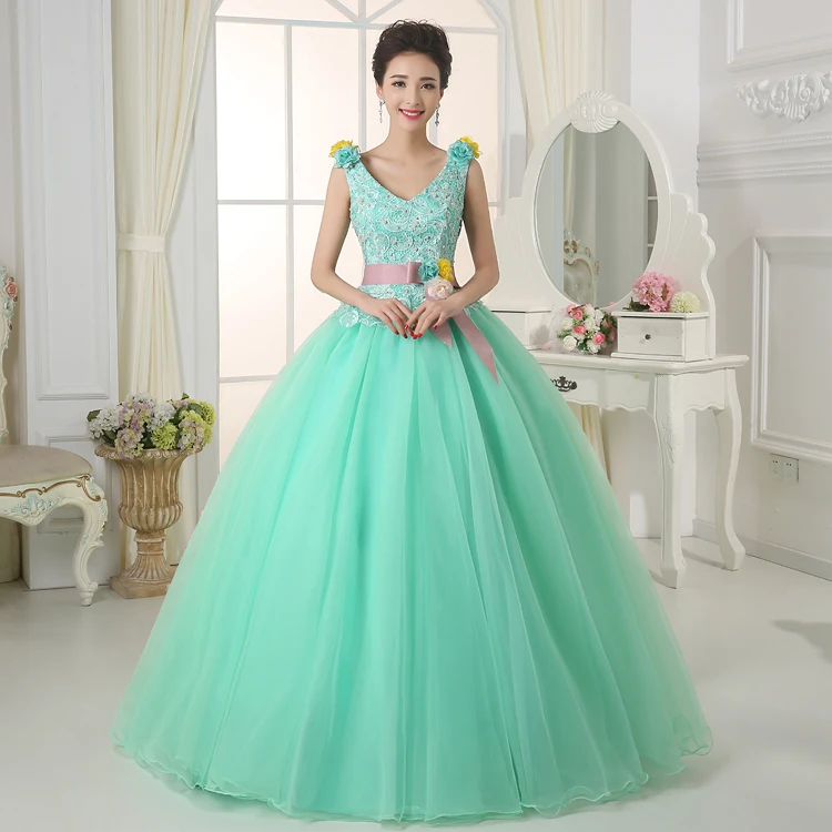 

Robe De Soiree Cheap Long Quinceanera Dress 2019 Abendkleider V Neck Cap Sleeve Green Vestidos De Fiesta Largos