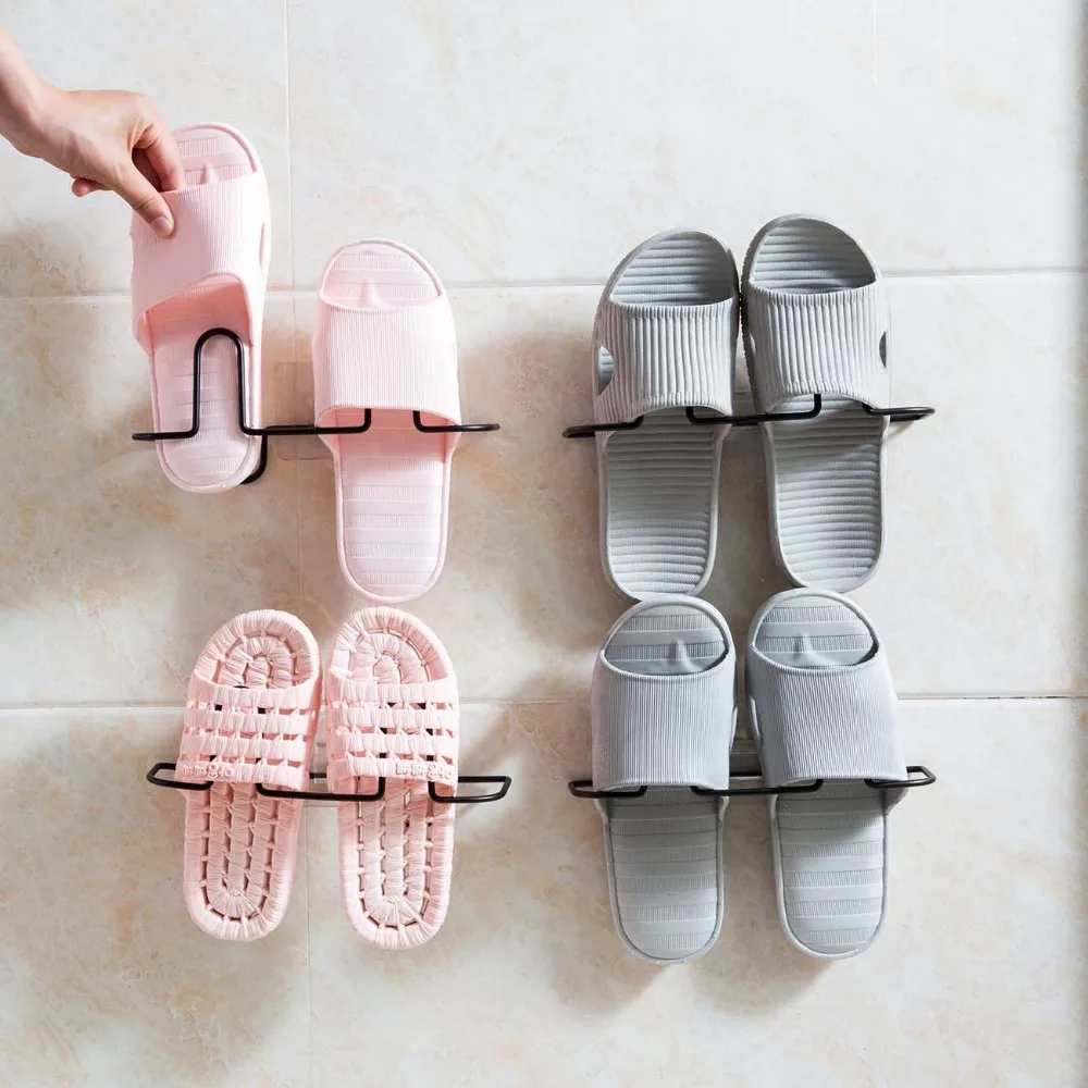 

OTHERHOUSE Wall Mounted Shoes Shelf Bathroom Organizer Display Slippers Storage Drain Rack Shoes Hanging Holder Iron Racks