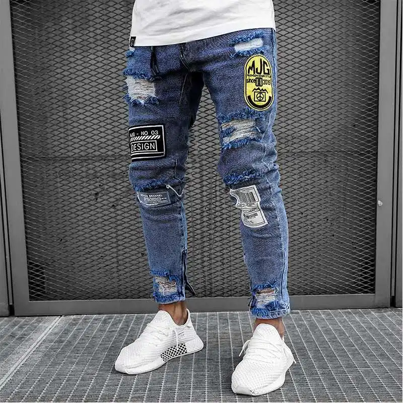 blue jeans for men New Skinny Jeans men Streetwear Destroyed Ripped Jeans Homme Hip Hop Broken modis male Pencil Biker Embroidery Patch Pants jeans men