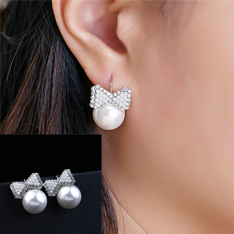 

New Fashion Lovely Wedding Ear Silver Plated Round Imitation Beads Bow Pearl Stud Earrings for Women Girls Rhinestone Jewelry