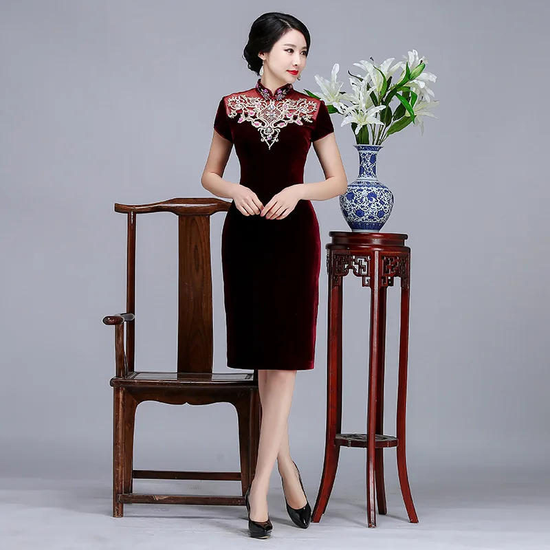 Плюс Размеры 3XL 4XL дамы Китайский Стиль бархат Винтаж платье осень изысканной вышивкой Qipao Vestidos пикантные элегантные Cheongsam