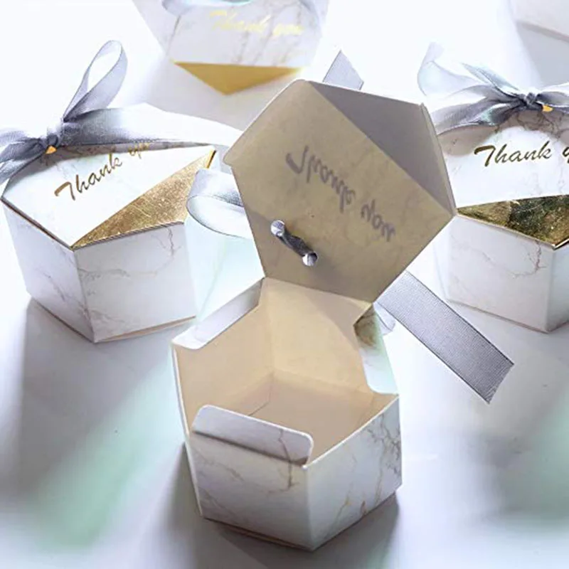 Мрамор гексагональной спасибо конфеты коробка со свадебными сувенирами день рождения, детский душ вечерние украшения бумага для упаковки подарка коробка с лентами