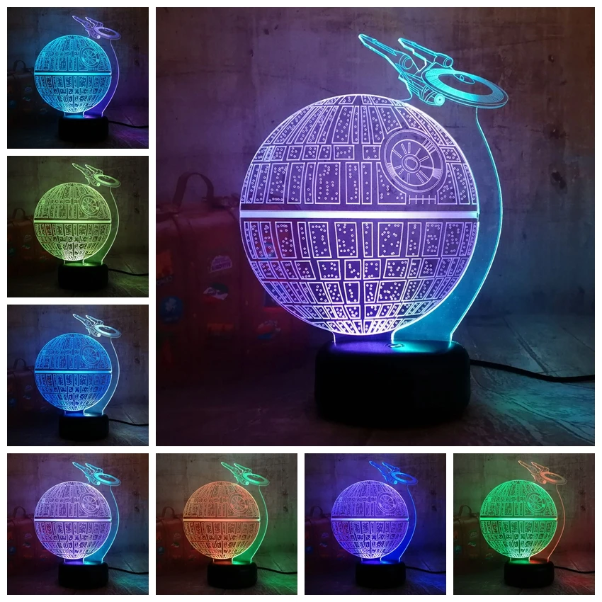Стиль Звездные войны, Звезда смерти блеск 3D светодиодный RGB 7 смешанный двойной изменение цвета Ночник светильник Рождественский подарок домашний декор Детская игрушка