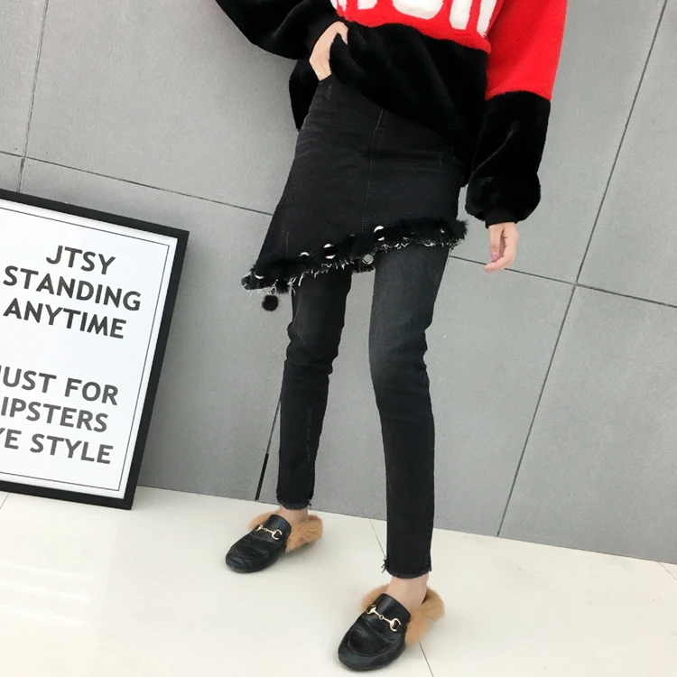 

Europe 2016 winter fashion irregular patchwork drawstring burr all-match jeans