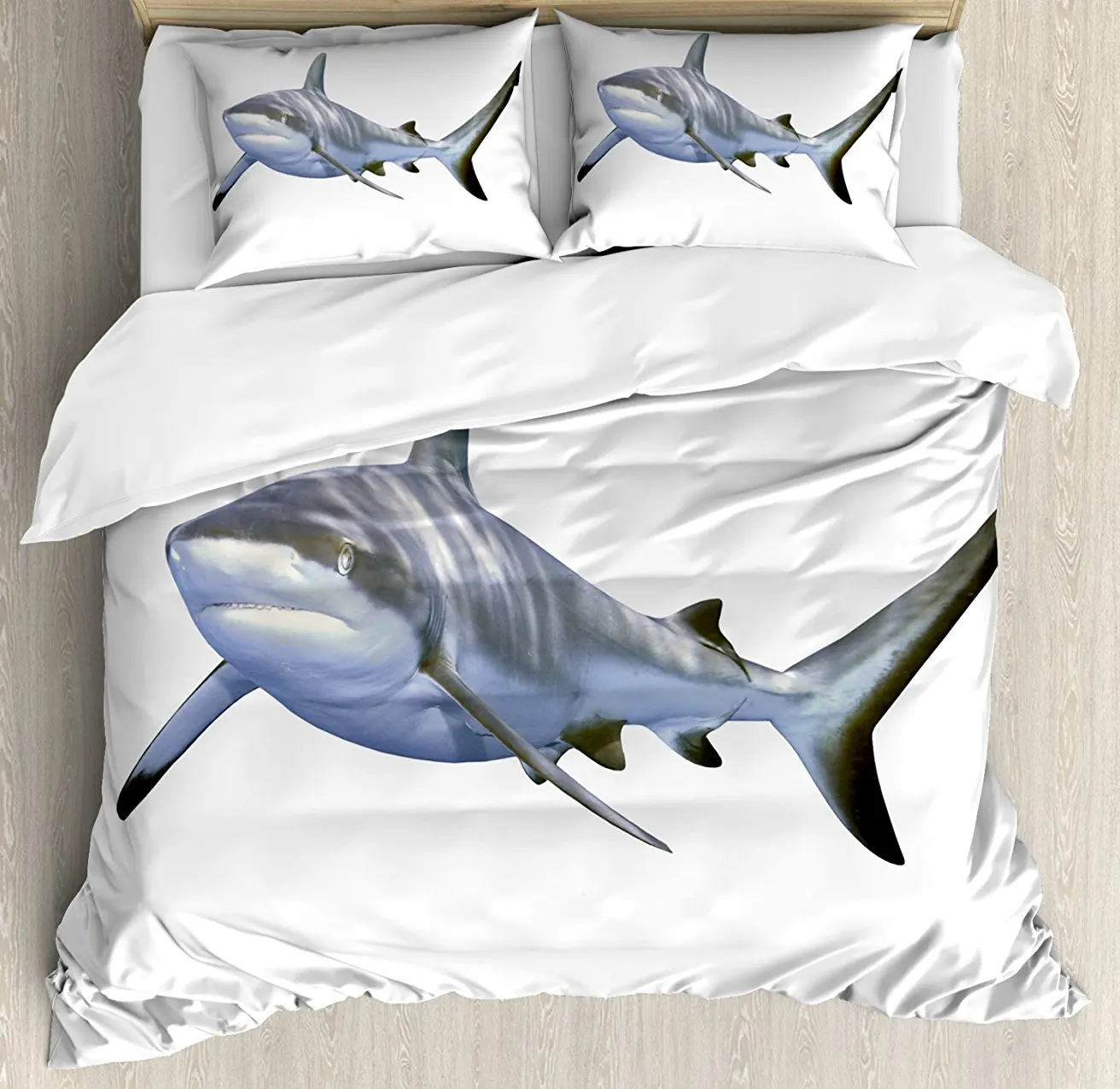 

Duvet Cover Set, A Large Reef Shark Swimming Futuristic Computer Art Stylized Underwater Design, 4 Piece Bedding Set