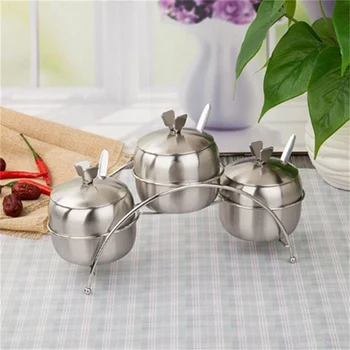 

7Pcs/Set Apple Shape Stainless Steel Condiment Pot Spice Container Salt Sugar Bowl Serving Jars Pot Spoons Kitchen Supplies