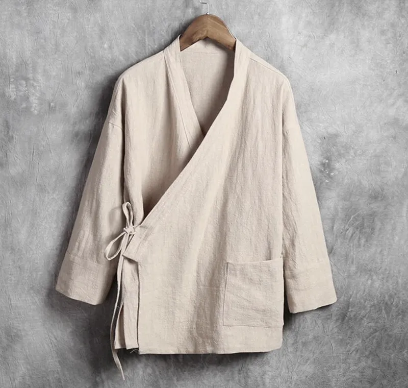 Для мужчин льняные рубашки с длинным рукавом Китайский Стиль воротник-стойка традиционный кунг-фу Тан Повседневное социальной рубашка