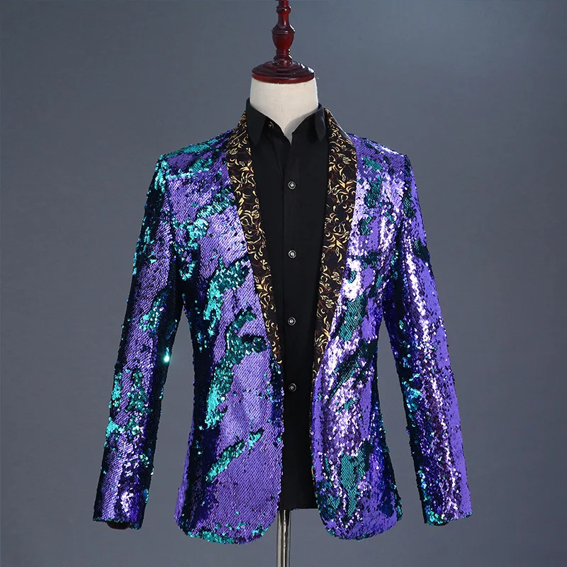 Mens Shiny Green Sequin Gitter Blazer Jacket Men Nightclub Prom Shawl Collar Suit Blazer Men Wedding Stage Costumes For Singers 5