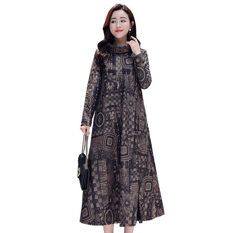 Женское винтажное платье, новинка, с высоким воротом, с длинным рукавом, платье с принтом, свободное, большой размер, зимние теплые длинные платья, элегантная женская одежда AA908