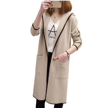

2018 Women Knitted Cardigan Mid Long Sweater Jacket Spring Loose Hooded Top Autumn Temperament Knitted Sweater Coat DITING0127