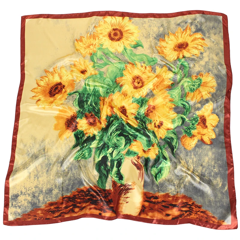 Satin Silk Scarf Women Flower Print Hijab Kerchief Square Hair / Head Scarves Luxury Brand Foulards Femme Bandanas 90*90CM