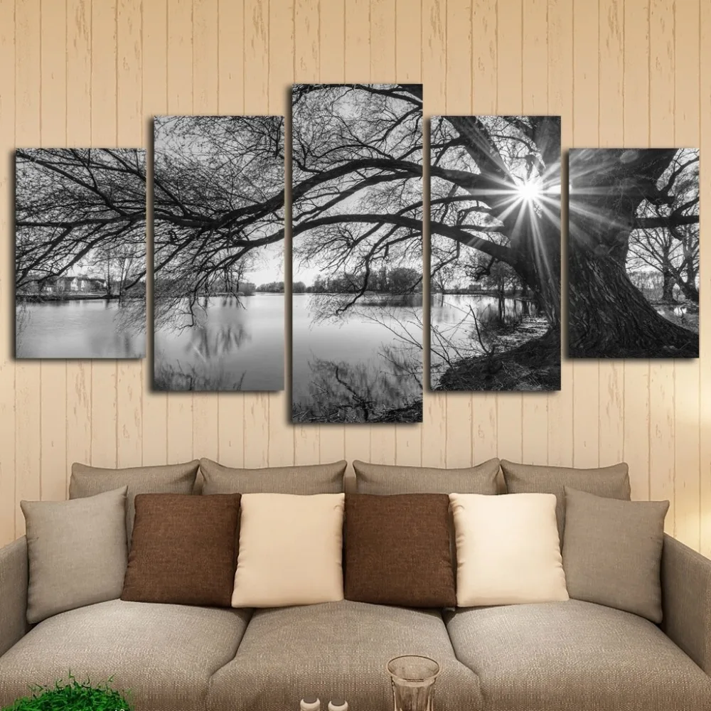 

Canvas Pictures For Living Room Wall Art Poster Framework 5 Pieces Lakeside Big Trees Paintings Black White Landscape Home Decor