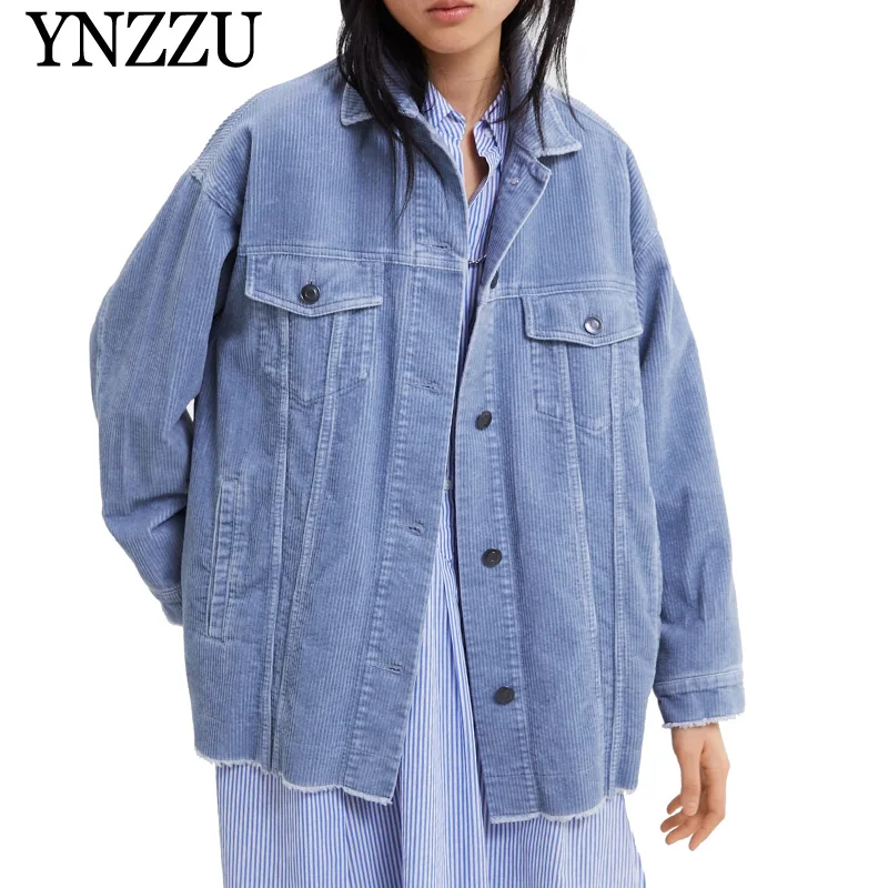 

YNZZU 2019 Spring Corduroy Women Basic Jacket Casual Yellow Blue Single Breasted Long Sleeve Loose Female Coat Autumn YO797