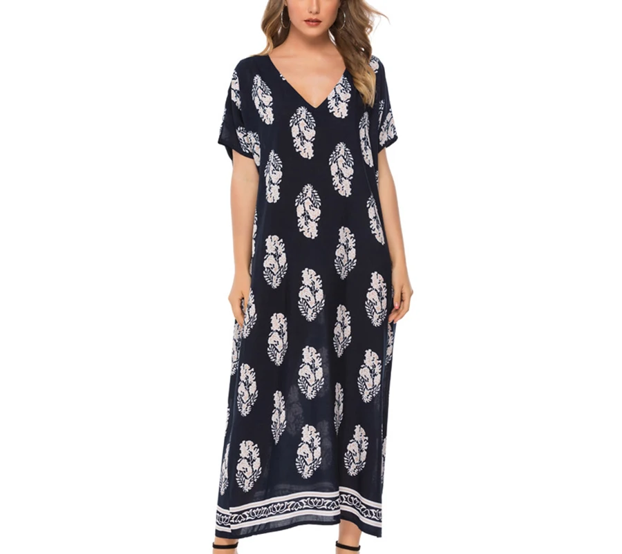 

Long Style One-Piece Dress 2019 New Innovative Large Hem Design Loose Printed Long Dress Woman Plus Size Deep Blue Long Vestidos