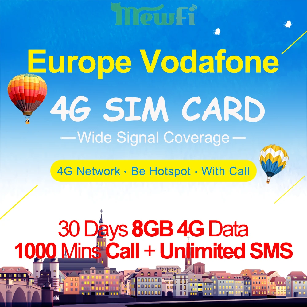 

Mewfi Vodafone Europe Travel Sim Card 30 Days 8GB 4G High-Speed Data+1000 Mins Call+Unlimited SMS Native Mobile Phone Sim Card