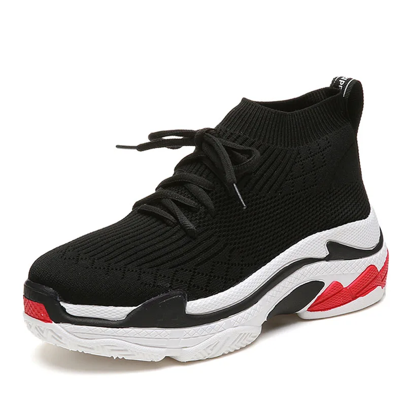 ADBOOV/; модные высокие кроссовки; женская дышащая обувь на платформе с вязаным верхом; tenis feminino; повседневная женская обувь; Цвет черный, красный - Цвет: Черный