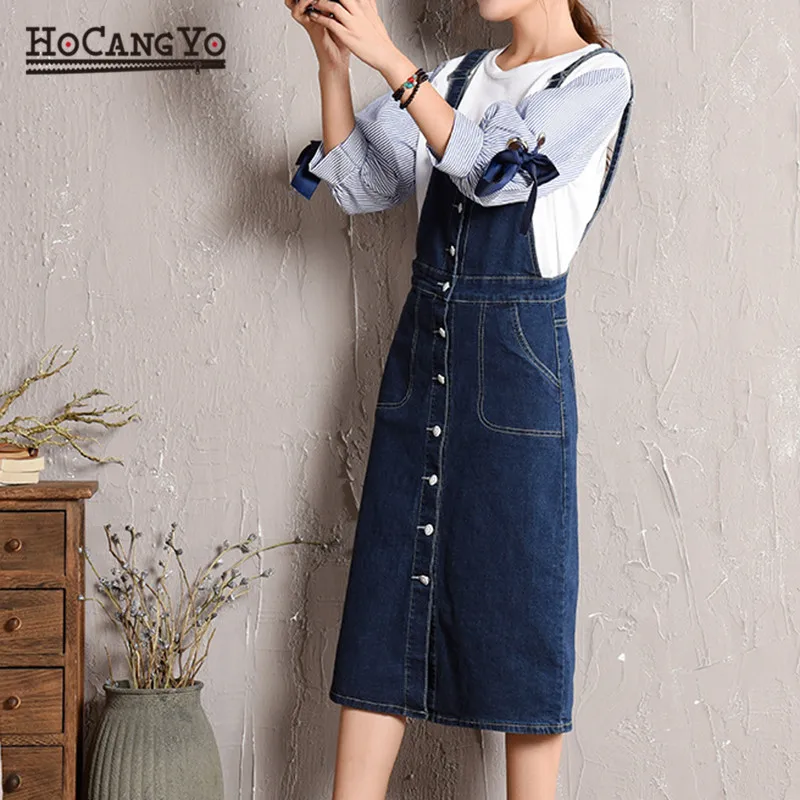 HCYO Plus Size 5XL Women Denim Dress Spring Autumn Spaghetti Strap Dresses Women Loose Casual Long Denim Sundress Overalls Dress