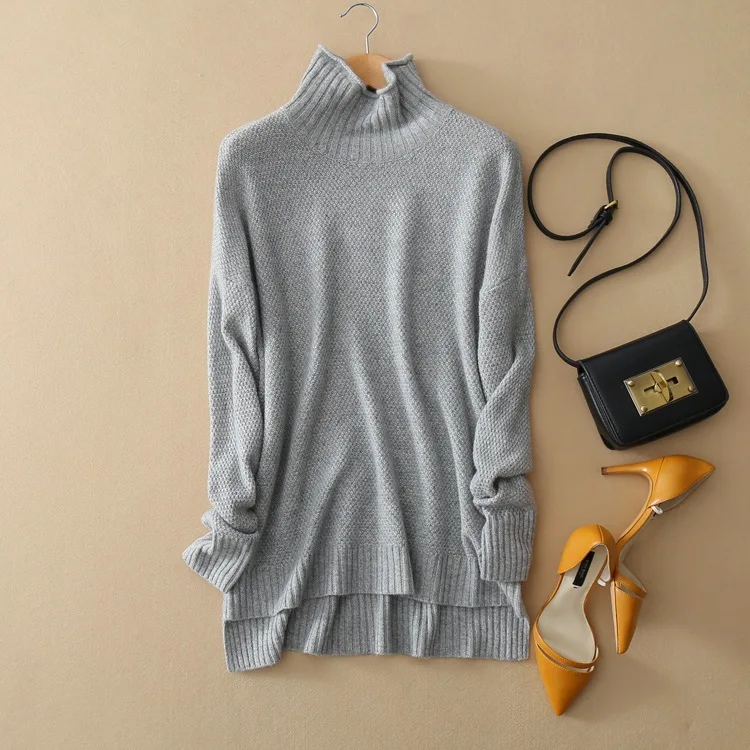 Однотонные пуловеры с высоким воротом, Женский мягкий кашемировый свитер, осенне-зимний теплый модный свободный базовый вязаный свитер, женские топы - Цвет: Серый