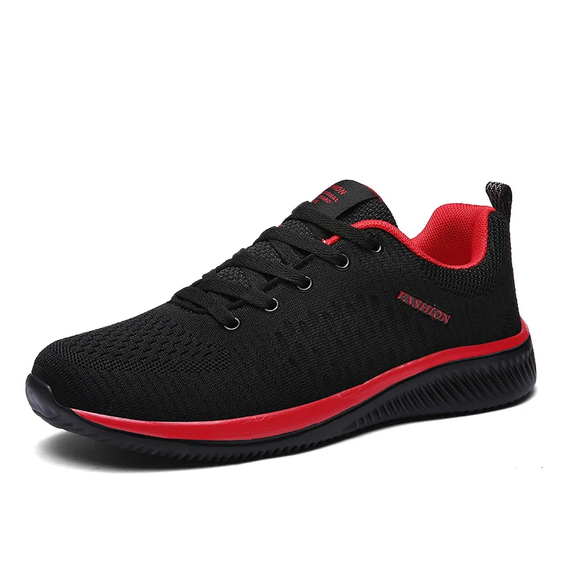 Легкие мужские кроссовки для бега дышащие ткацкие мужские туфли на плоской подошве белые черные однотонные уличные Прогулочные кроссовки мужские 45 - Цвет: Black Red  B