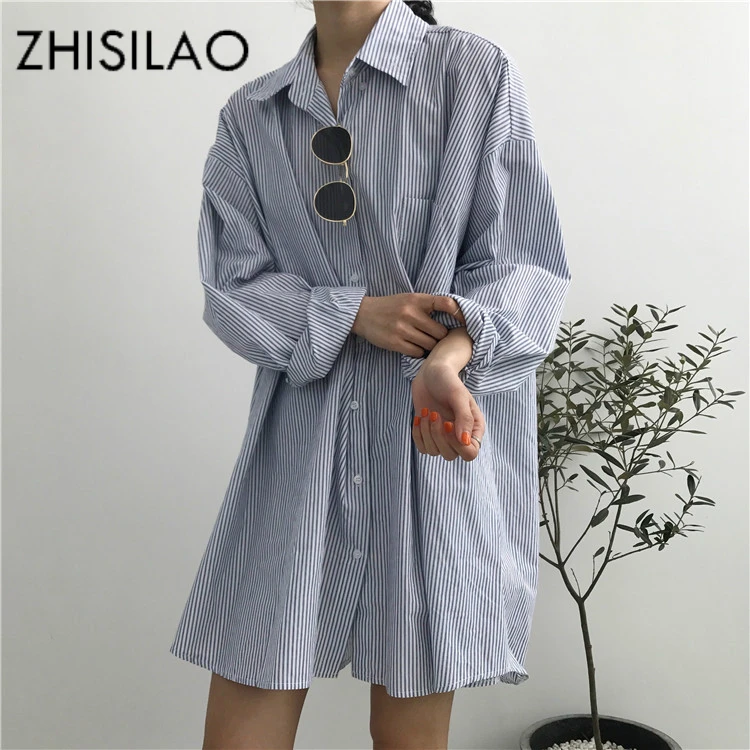 

ZHISILAO Oversize Womens Tops and Blouse Loose Stripe Shirt Maxi Mujer Casual Long Sleeve Blouse Cotton Fashion Clothing Chic