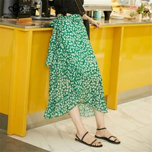 Новая летняя юбка с оборками и принтом в виде листьев, женский пояс, Пляжная летняя юбка с завязками, асимметричная длинная юбка с высокой талией, femme