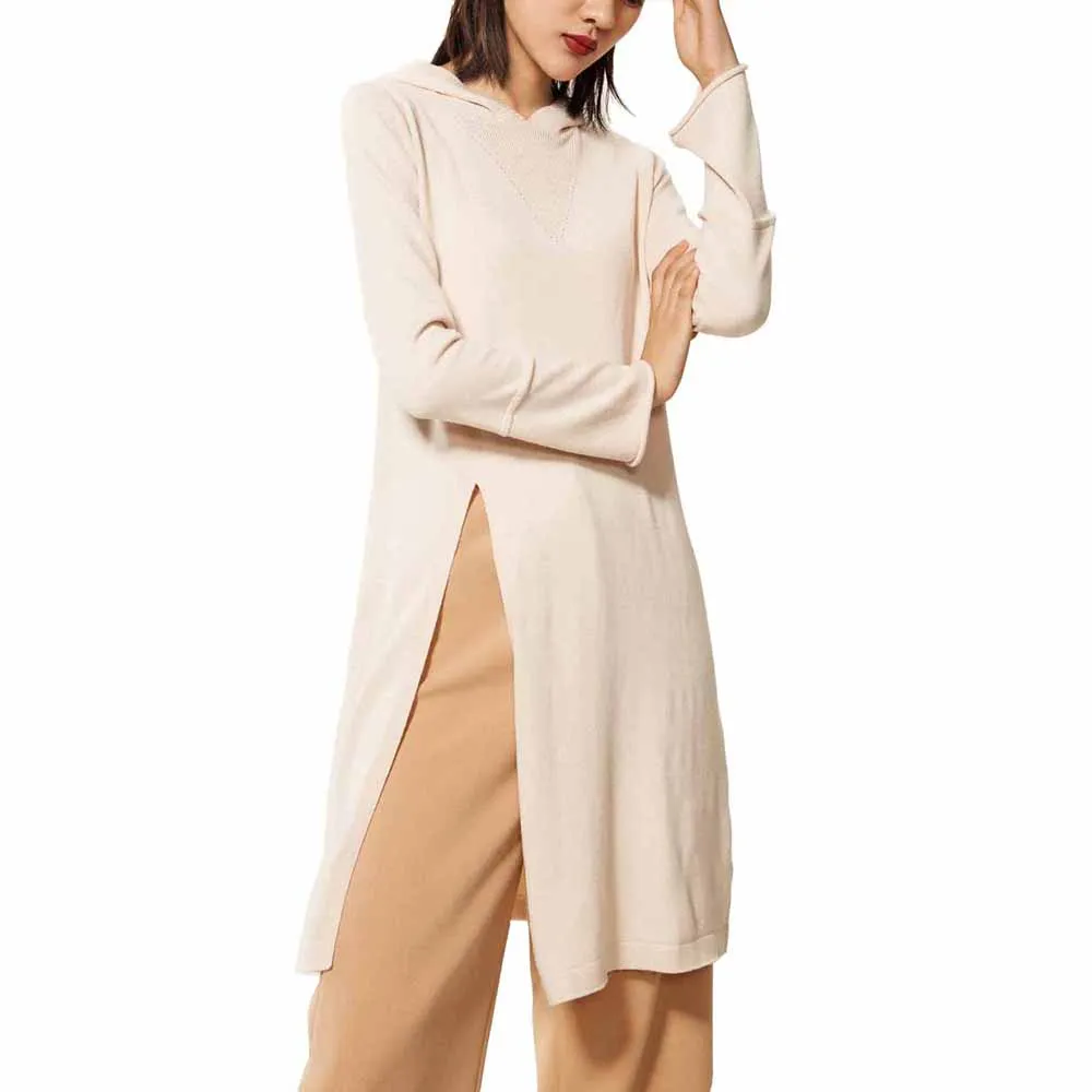 Hooded Dress Women Newest Autumn Winter Cashmere Wool Long Sleeve Flare Sleeve Split Hem with Hat Sweater Vestidos de Festa
