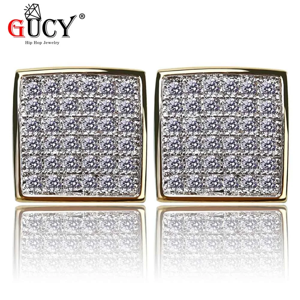

GUCY Gold Silver Color Plated Iced Out Bling Earring Micro Pave CZ Stone Lab D Stud Earrings With Screw Back Hip Hop Jewelry