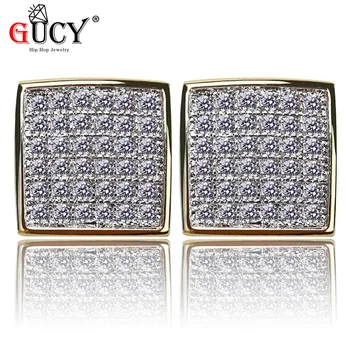 

GUCY Gold Silver Color Plated Iced Out Bling Earring Micro Pave CZ Stone Lab D Stud Earrings With Screw Back Hip Hop Jewelry