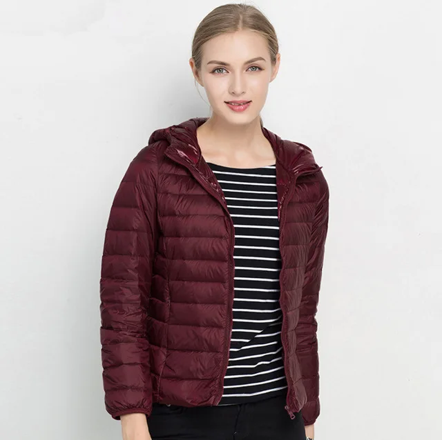 С капюшоном, 90% белая куртка на утином пуху, Осень-зима, 14 цветов, новая теплая тонкая куртка на молнии для беременных женщин, модное легкое пуховое пальто, M-4XL - Цвет: Wine red