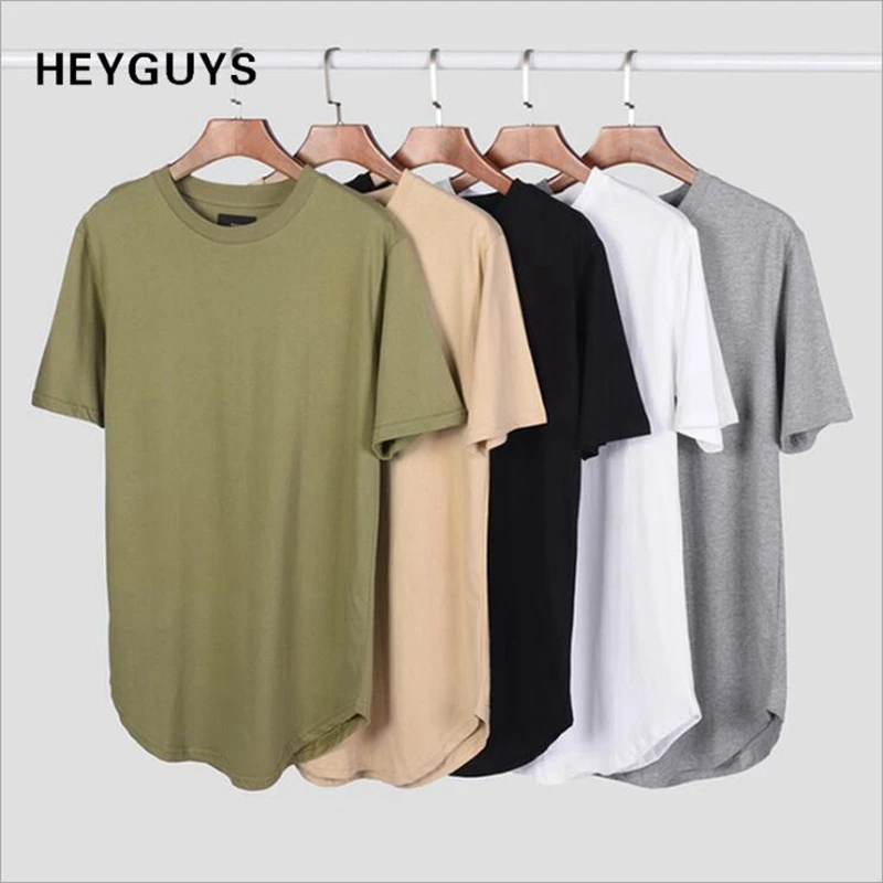 

HEYGUYS New Men's T-shirt summer Solid Color Curved Hem Long Line Camouflage Hip Hop Tshirt Elong Plain Kanye Tee Shirts Men Top