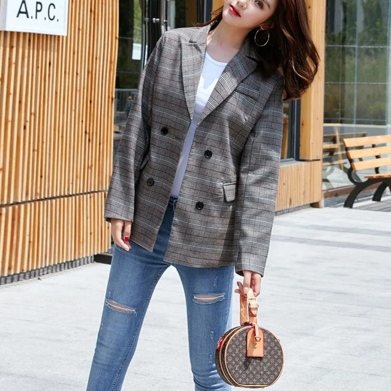 Women Vintage Plaid Blazer Jacket Office Lady Formal Suits