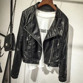 

Europe and The United States Spring and Autumn New Short Leather PU Leather Washed Jacket Small Black XL Leather Jacket