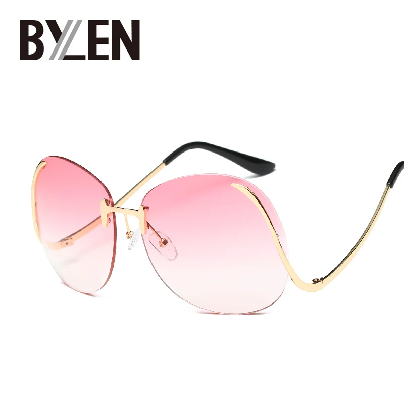BYLEN Oversized Round Rimless Sunglasses Women Fashion Big Metal Frame
