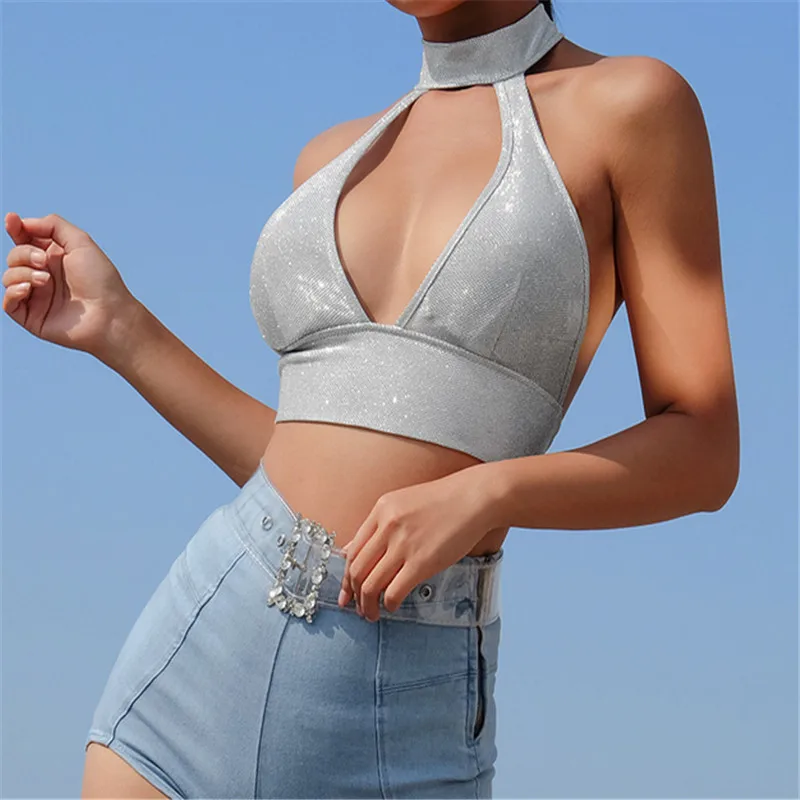 

2019 New Women Halter Bling Sequined Tank Vest sexy Backless Deep V-Neck Bustier Bralette Top push up Bandage crop Tops 2 colors