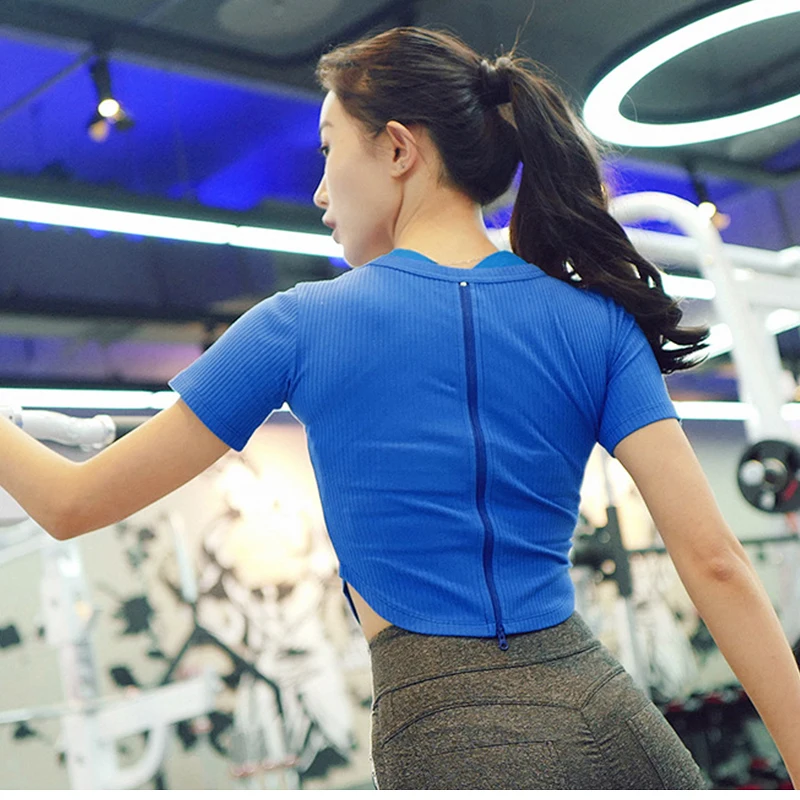 Женский укороченный спортивный топ для йоги топы Спортивные женская спортивная одежда спортивная футболка на Молнии Фитнес женское