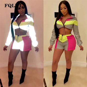 

FQLWL Two Piece Reflective Set Female Zipper Long Sleeve Bandage Crop Top + Shorts Outfits Ladies Tracksuits Women Matching Sets
