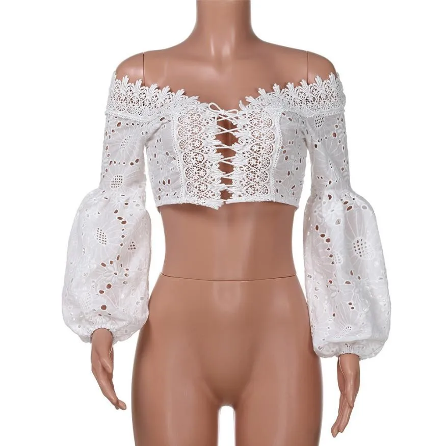 

FEITONG Lady's Shoulder Lace Hollow Lace Long Sleeve Tops blouse Women Off Shoulder Long Sleeve Hollow Lace Loose Tops blouse