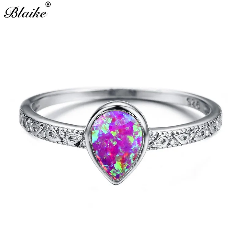 Blaike, 925 пробы, серебряное покрытие, капля воды, белый/синий/фиолетовый, огненный опал, кольца для женщин, Ретро стиль, модный ювелирный камень, кольцо - Цвет основного камня: Purple Opal Ring
