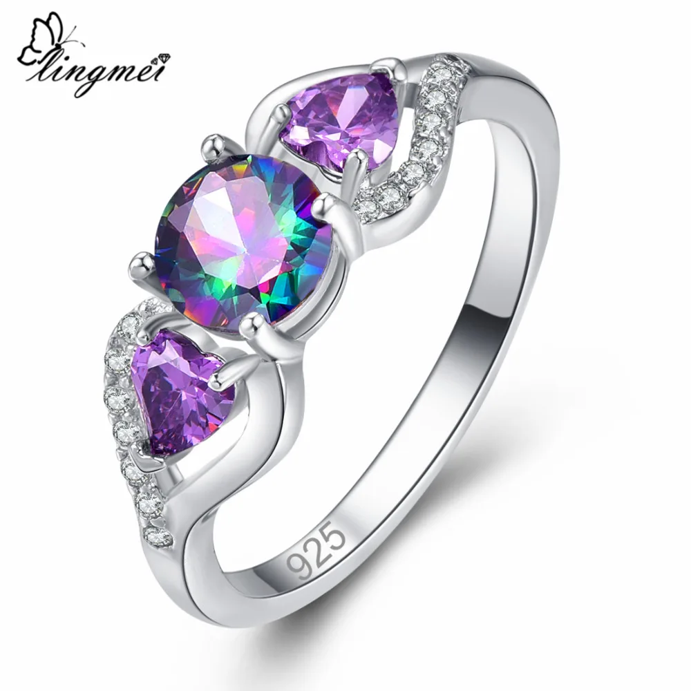 

lingmei New Arrival Round Cut Mysterious & Purple Cubic Zirconia Silver Color Ring Size 6 7 8 9 Romantic For Lovers Jewelry Gift